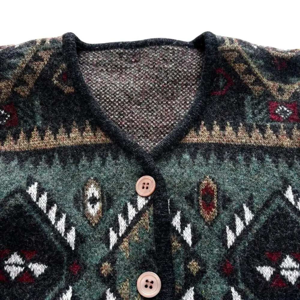 Vintage Aztec Blanket Wool Cardigan Sweater Green Gray Southwestern Ranch Small
